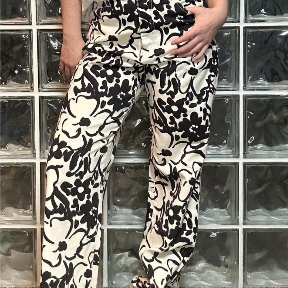 Floral Black and White Wide Leg Jeans